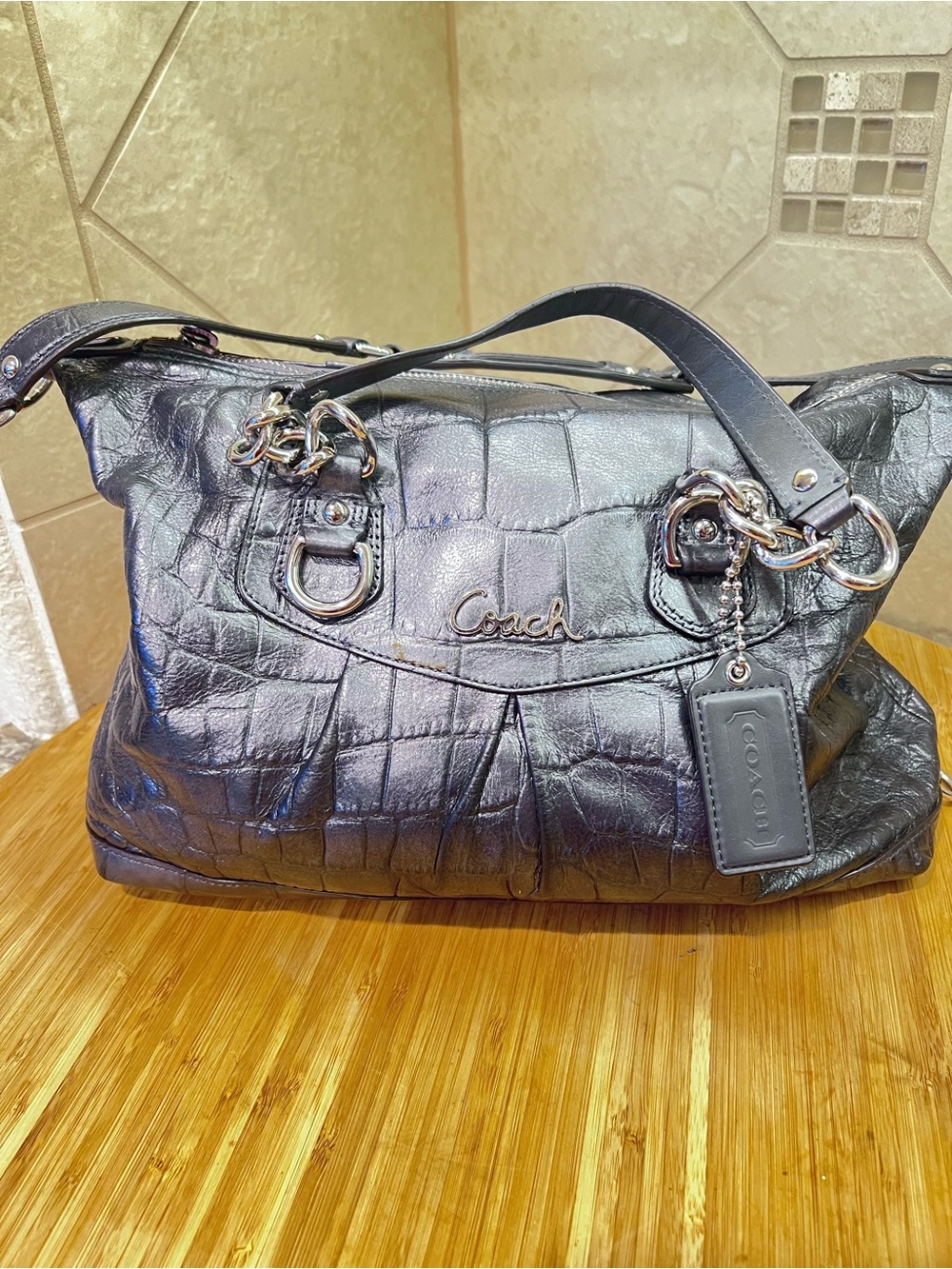 Y2K Coach Black Croc-Embossed Leather Shoulder Bag w/Chain Accents NL1126-F17660 - Picture 3 of 16
